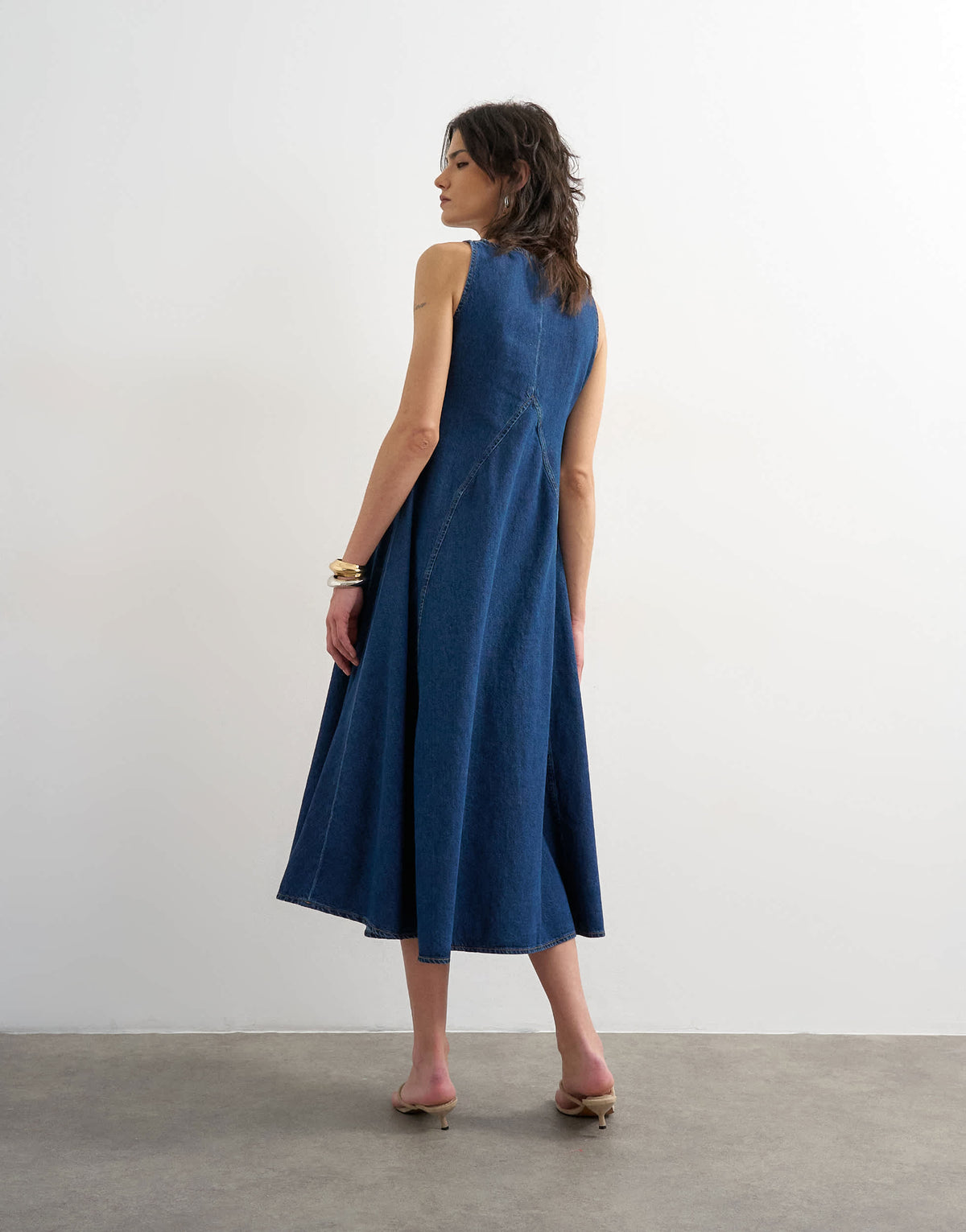 Topshop denim v neck seamed full maxi dress in rich blue