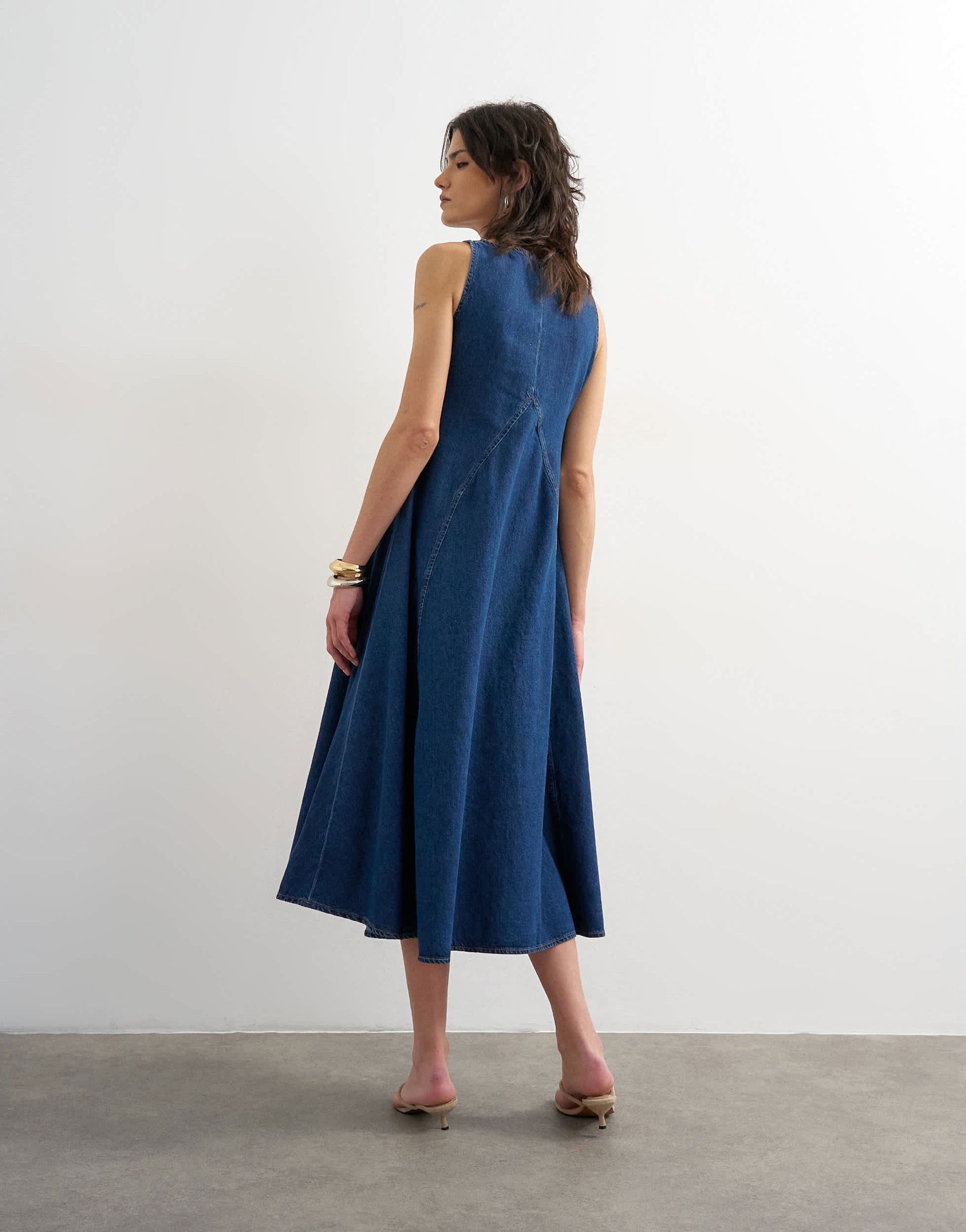 Topshop denim v neck seamed full maxi dress in rich blue