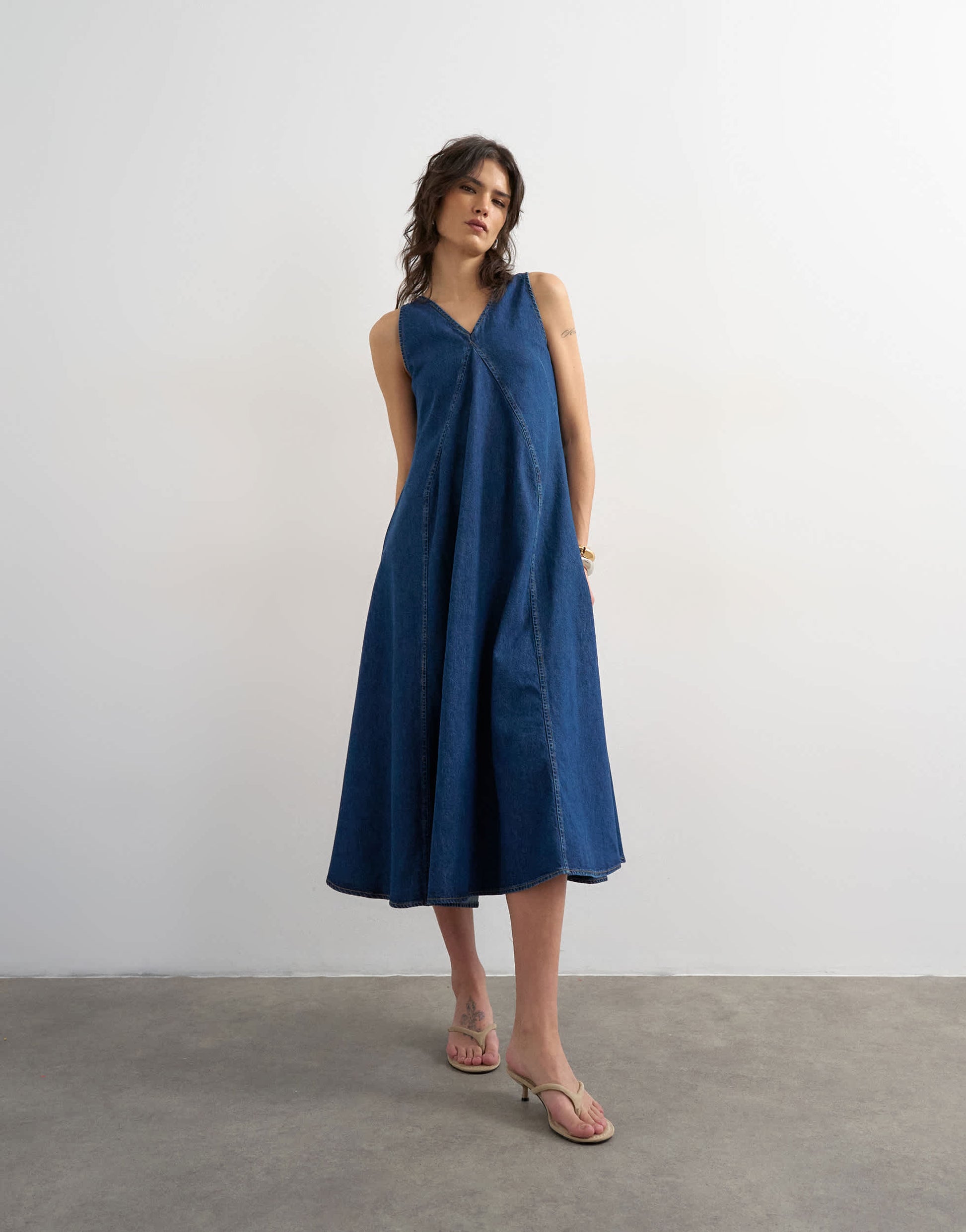 Topshop denim v neck seamed full maxi dress in rich blue