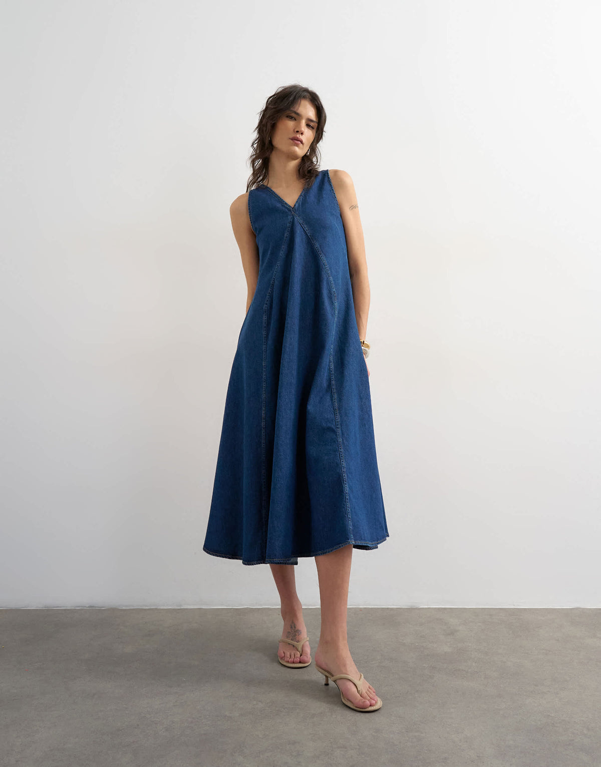 Topshop denim v neck seamed full maxi dress in rich blue