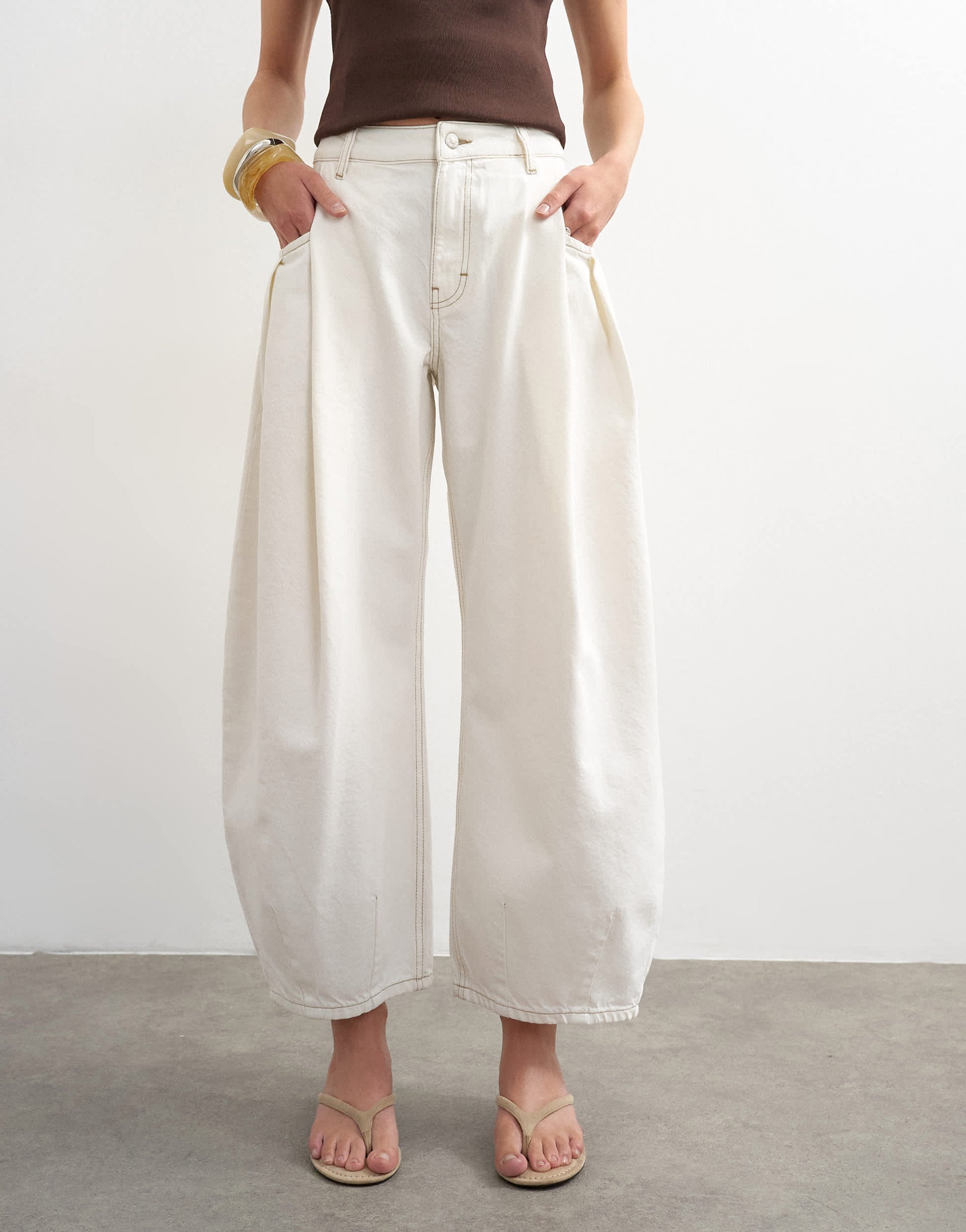 Topshop Cocoon mid rise barrel jean in bone