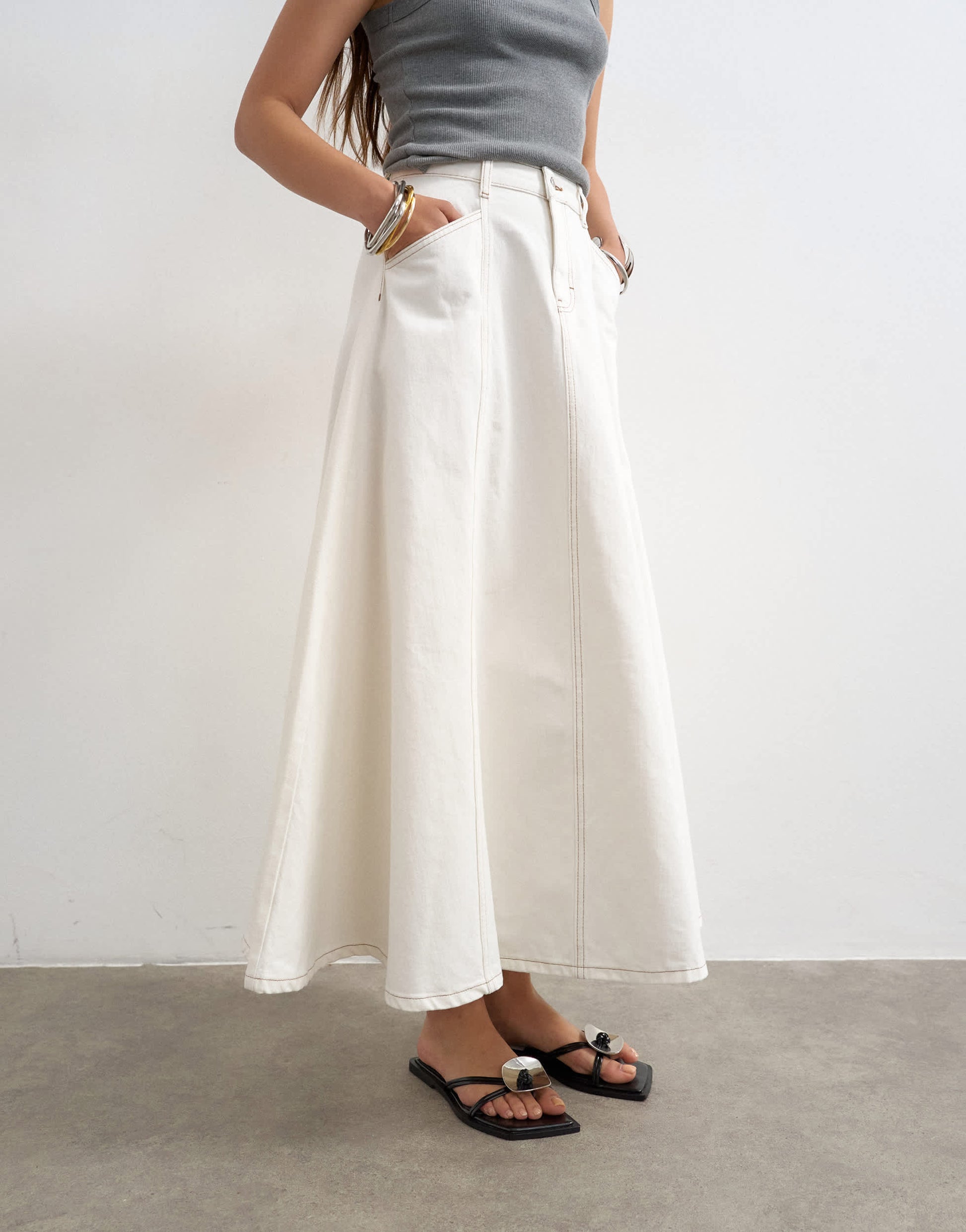 Topshop denim circle seamed maxi skirt in bone