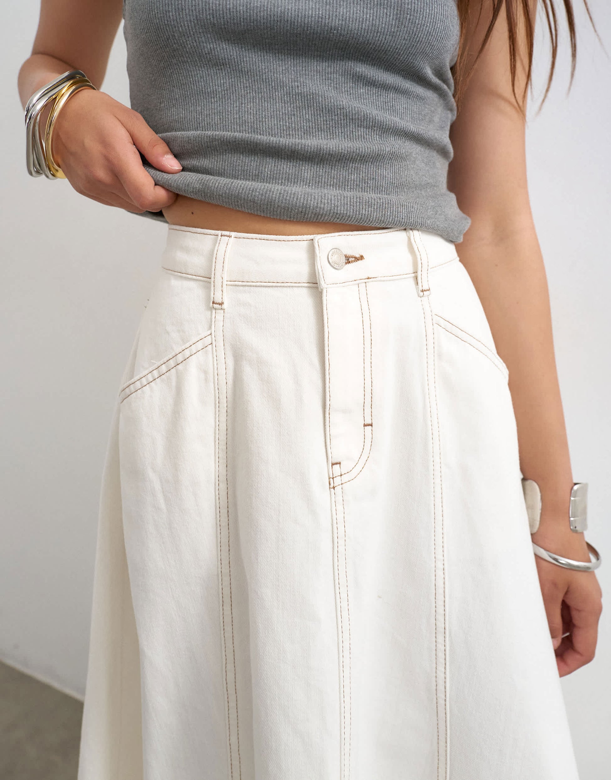 Topshop denim circle seamed maxi skirt in bone