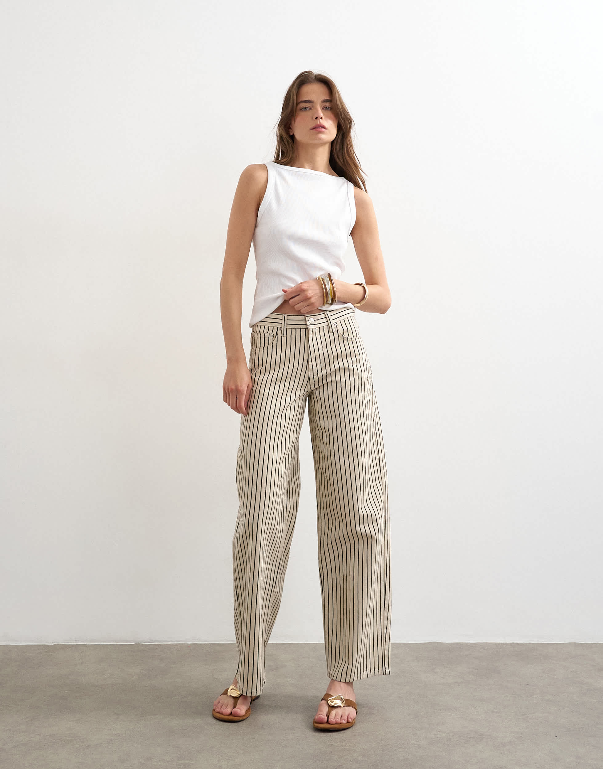 Topshop Cinch low rise relaxed jean in ecru and black stripe