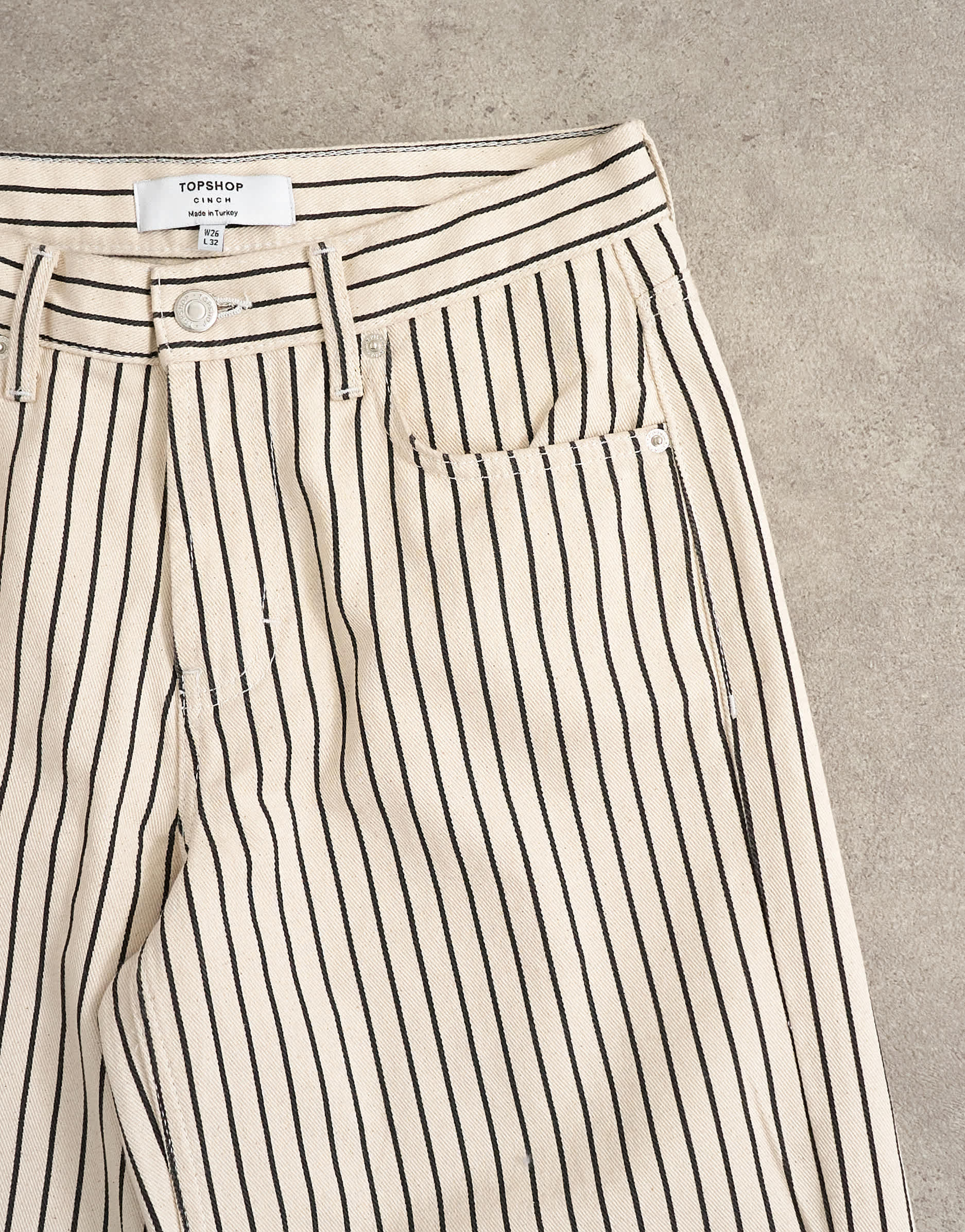 Topshop Cinch low rise relaxed jean in ecru and black stripe