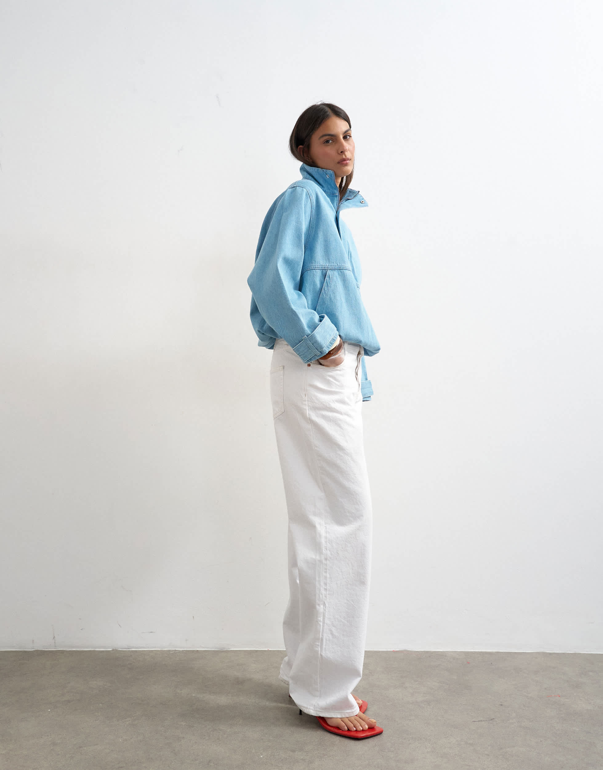 Topshop denim funnel neck bubble hem top in bleach