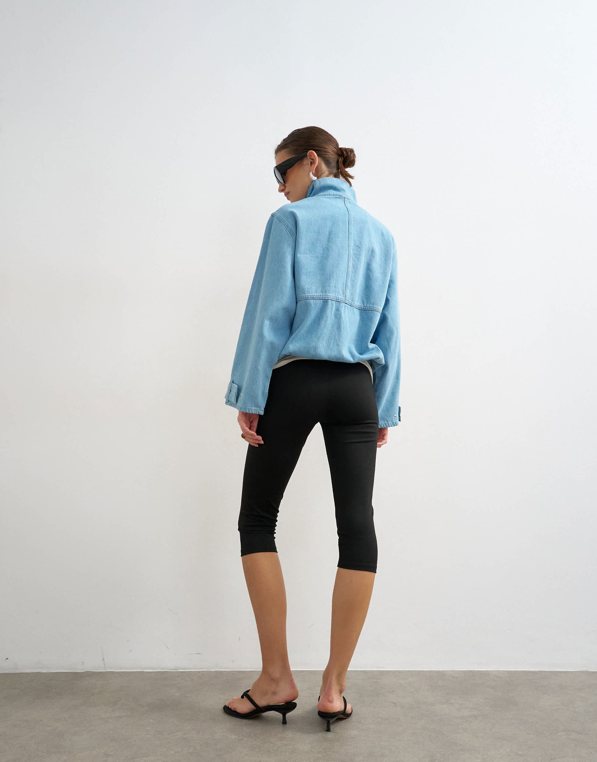 Topshop denim funnel neck bubble hem top in bleach