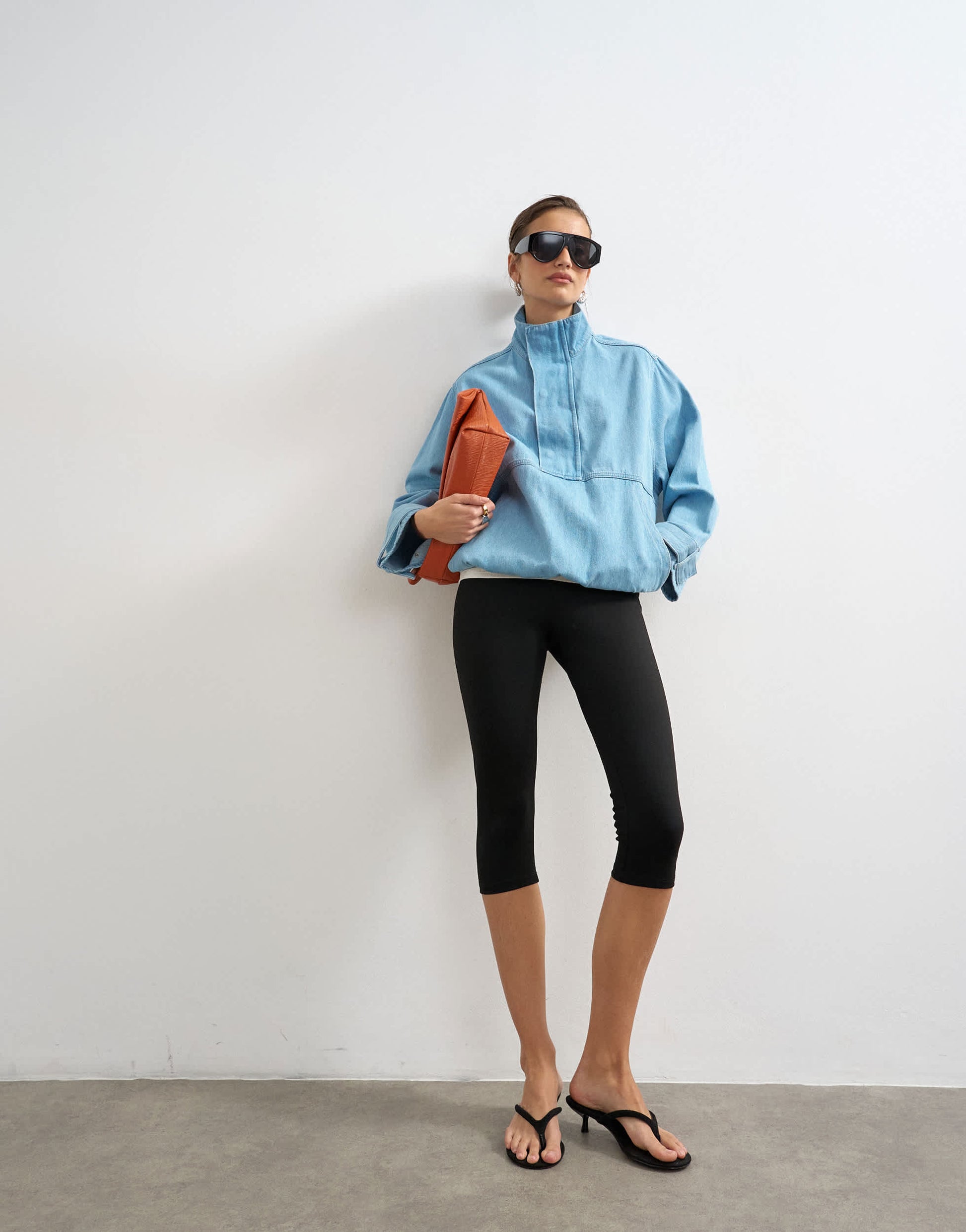 Topshop denim funnel neck bubble hem top in bleach