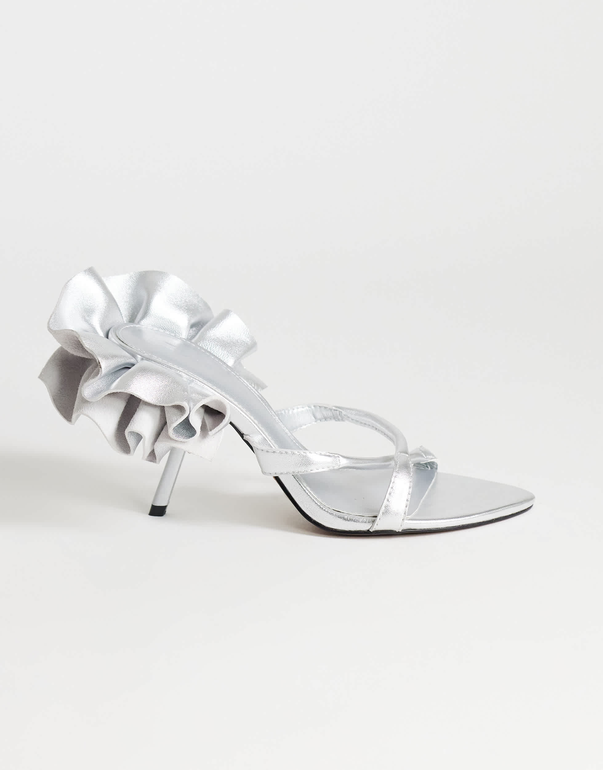 Topshop Ophelia real leather high heeled sandal with ruffle in silver