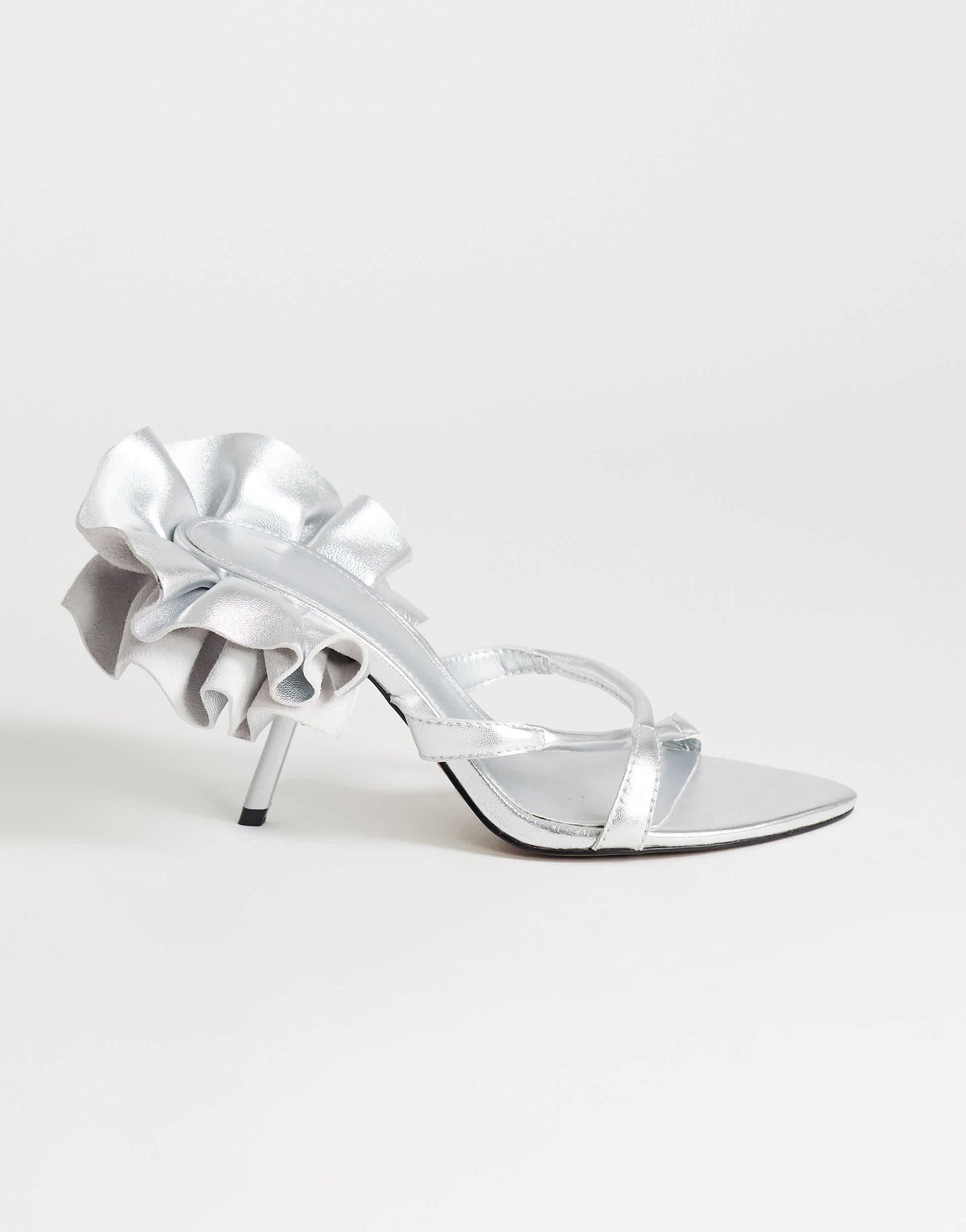 Topshop Ophelia real leather high heeled sandal with ruffle in silver