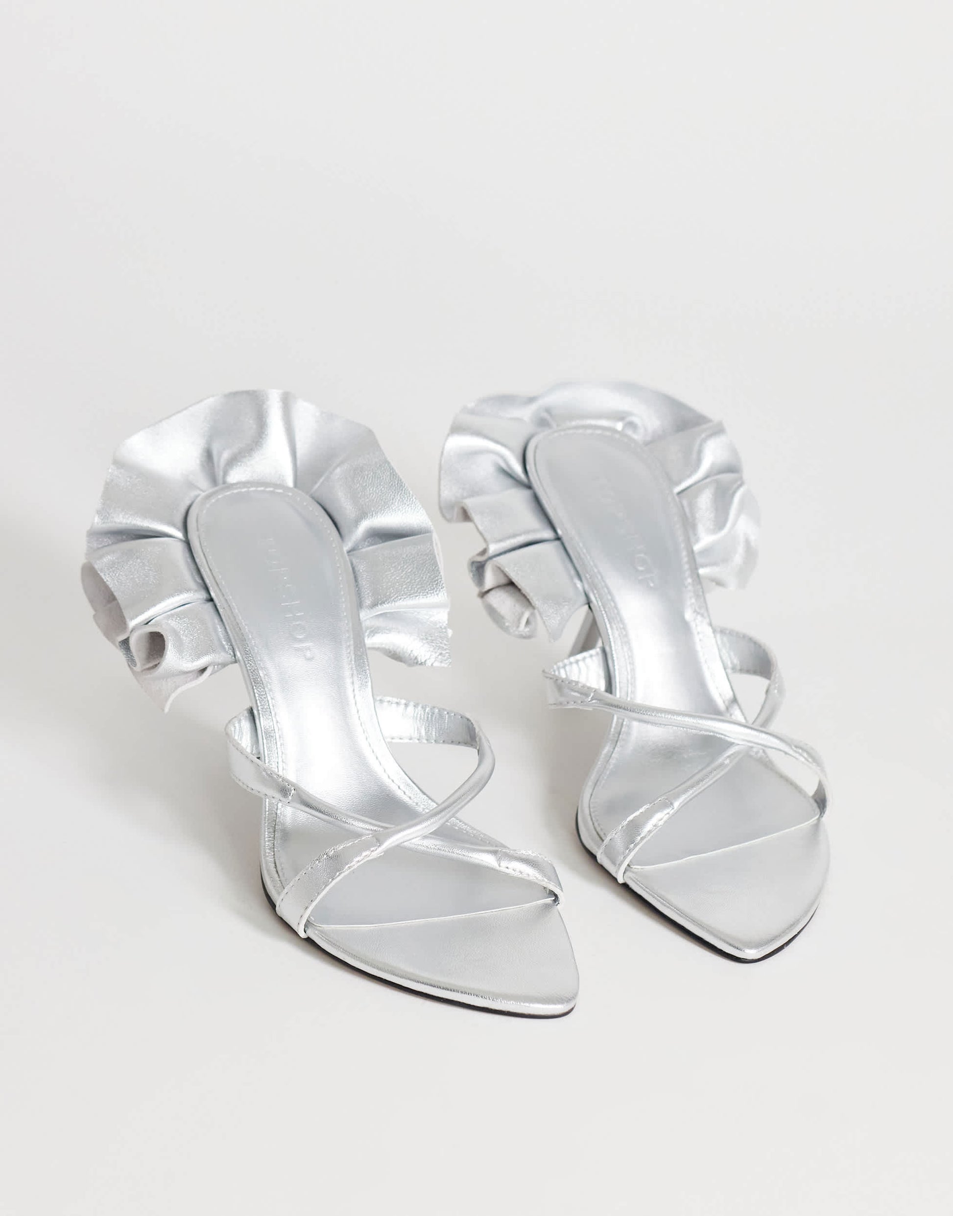 Topshop Ophelia real leather high heeled sandal with ruffle in silver