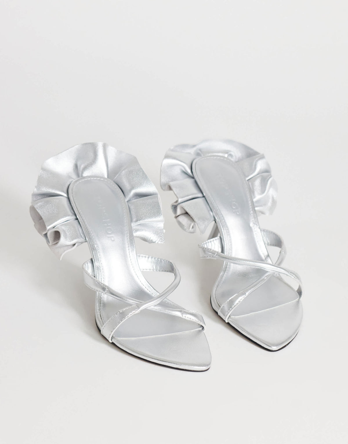 Topshop Ophelia real leather high heeled sandal with ruffle in silver