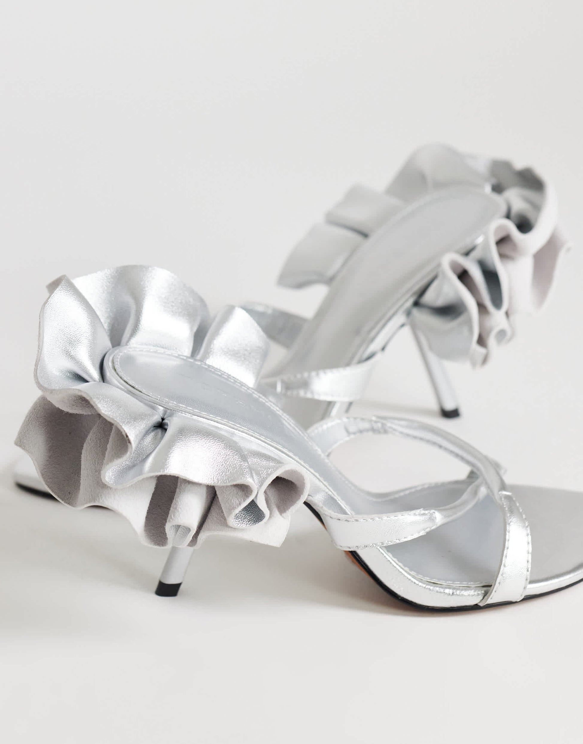 Topshop Ophelia real leather high heeled sandal with ruffle in silver