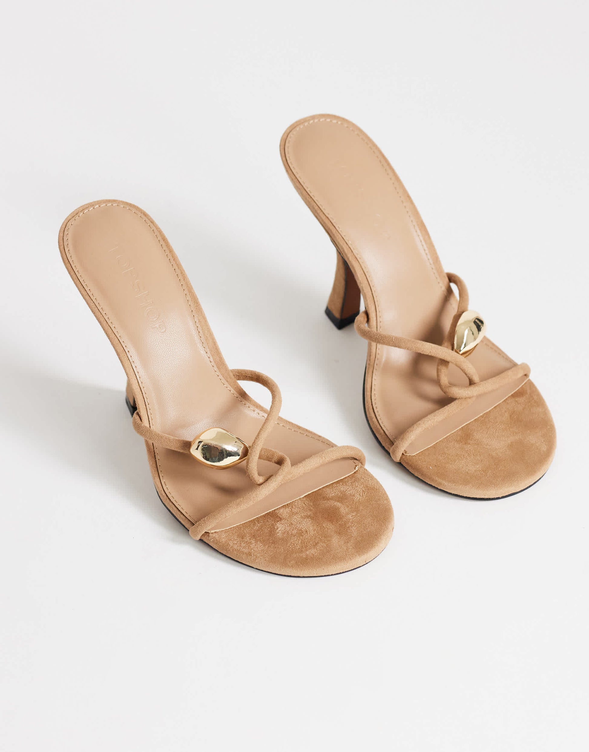 Topshop Olivia strappy high heel sandal with ball detail in taupe faux suedette