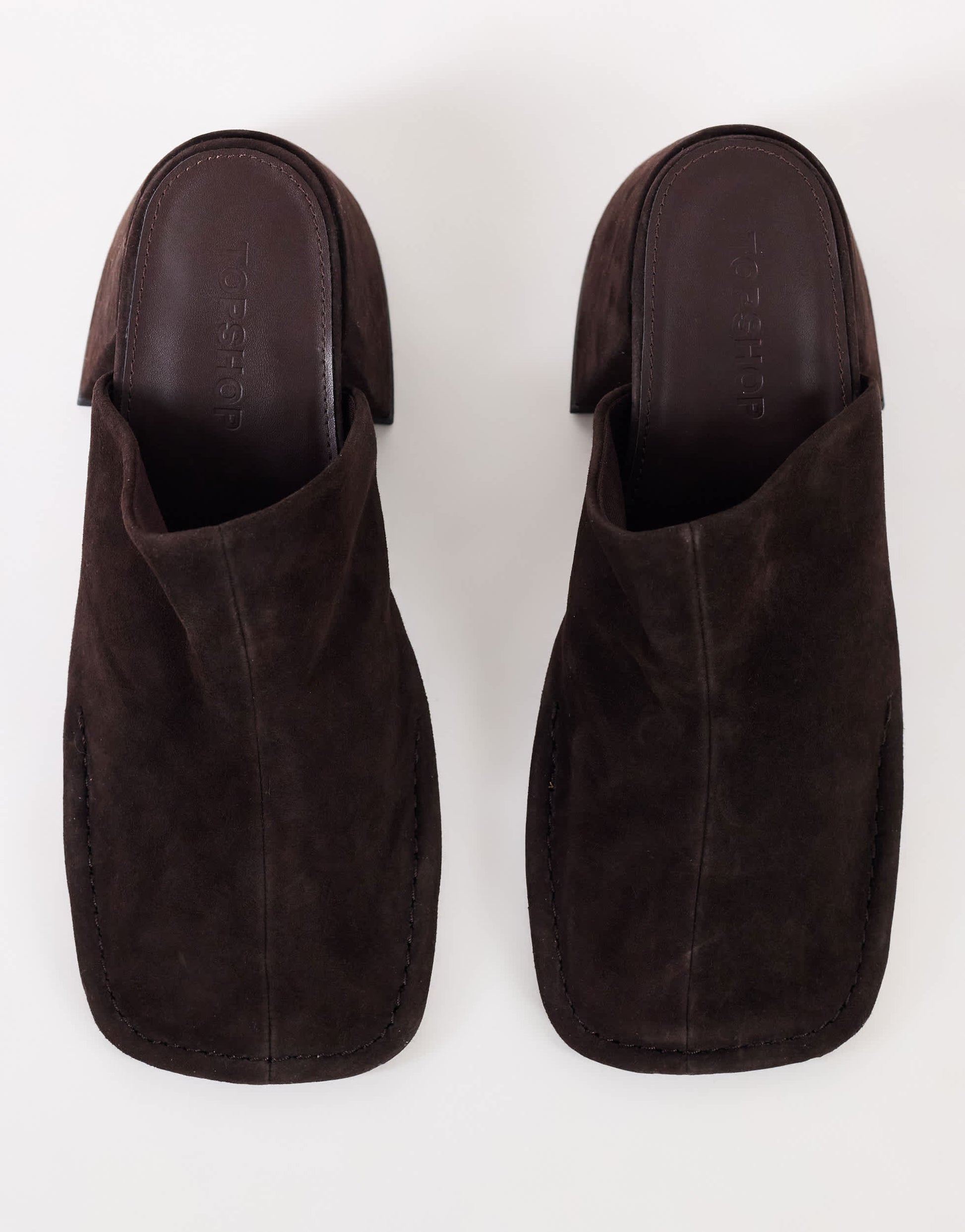 Topshop Alberto real suede wide block heel mule in chocolate