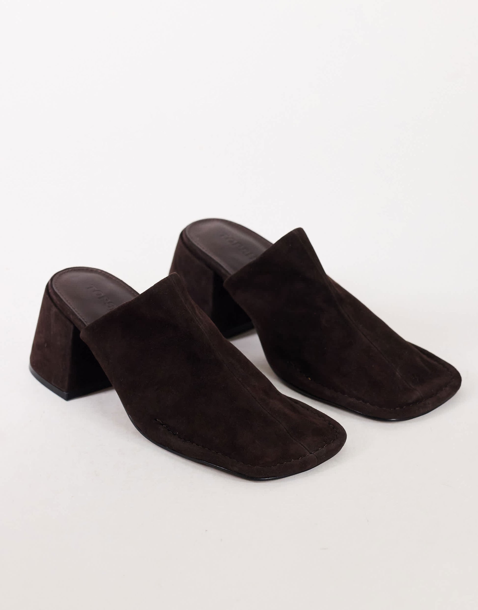 Topshop Alberto real suede wide block heel mule in chocolate