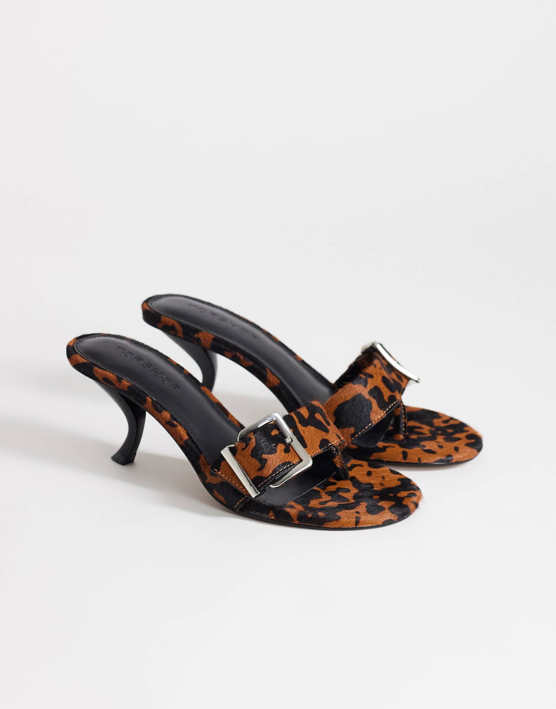Topshop Nadine real hair on leather mid heeled mule with buckle in leopard print