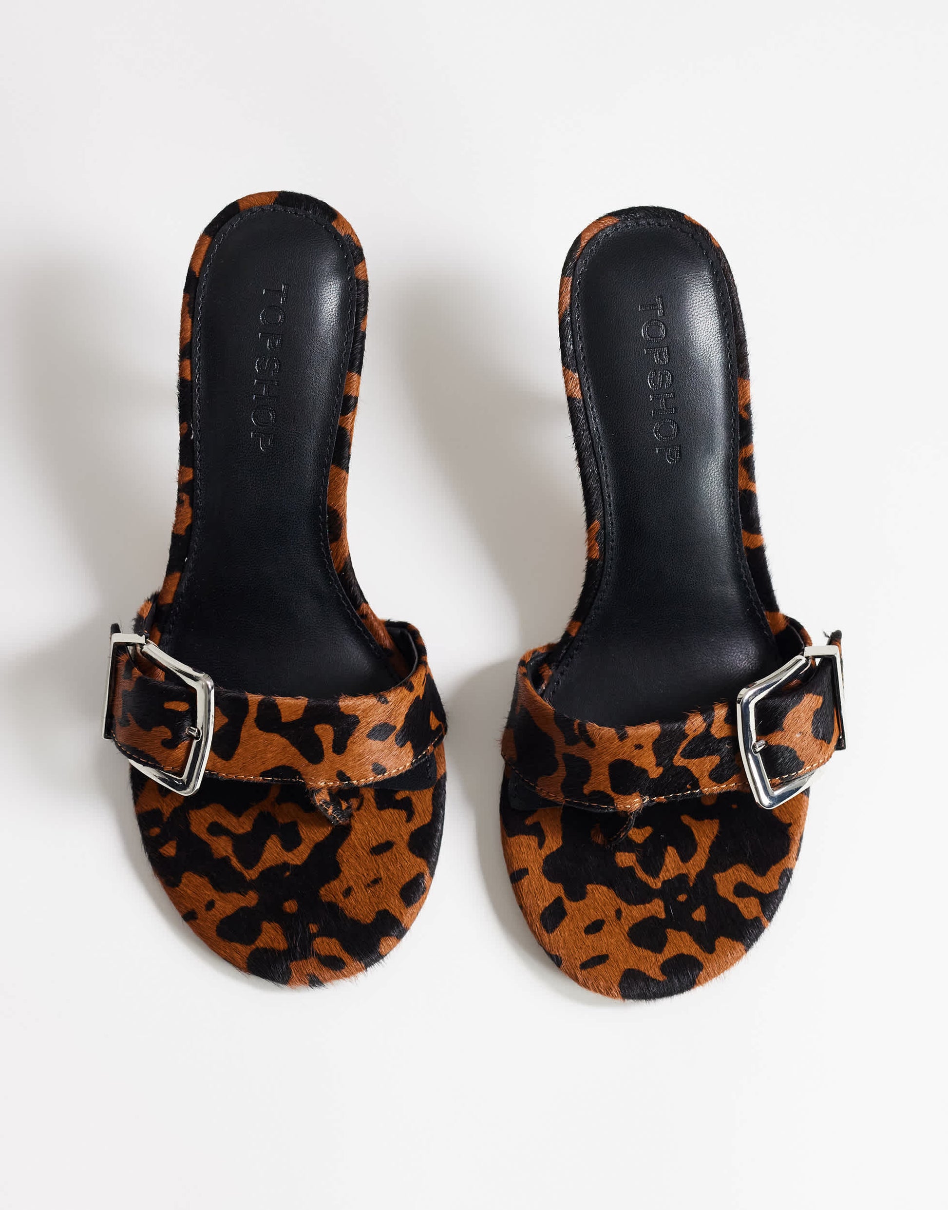 Topshop Nadine real hair on leather mid heeled mule with buckle in leopard print