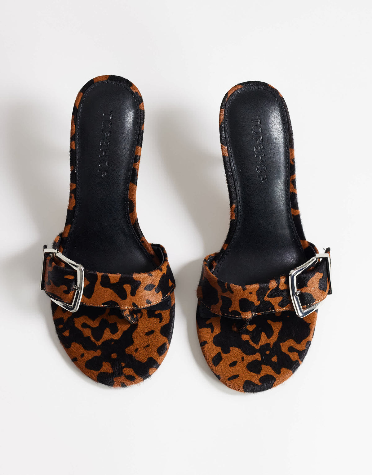 Topshop Nadine real hair on leather mid heeled mule with buckle in leopard print