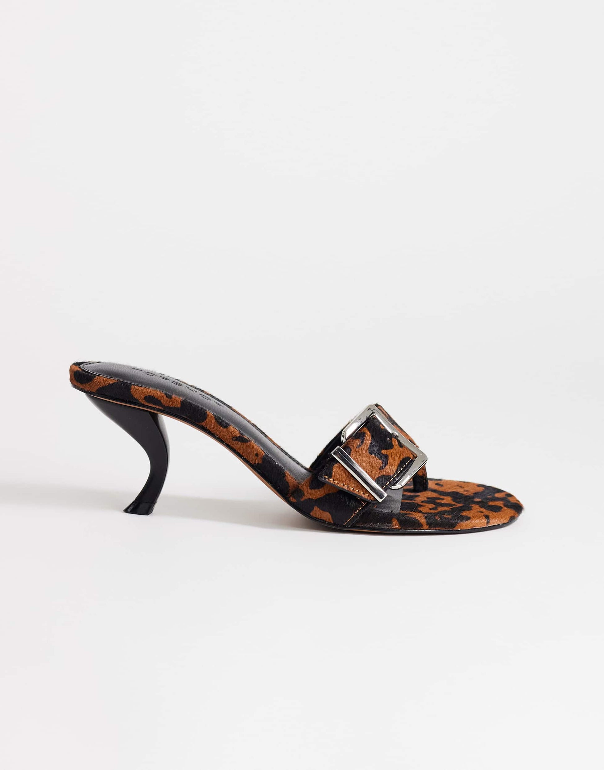 Topshop Nadine real hair on leather mid heeled mule with buckle in leopard print