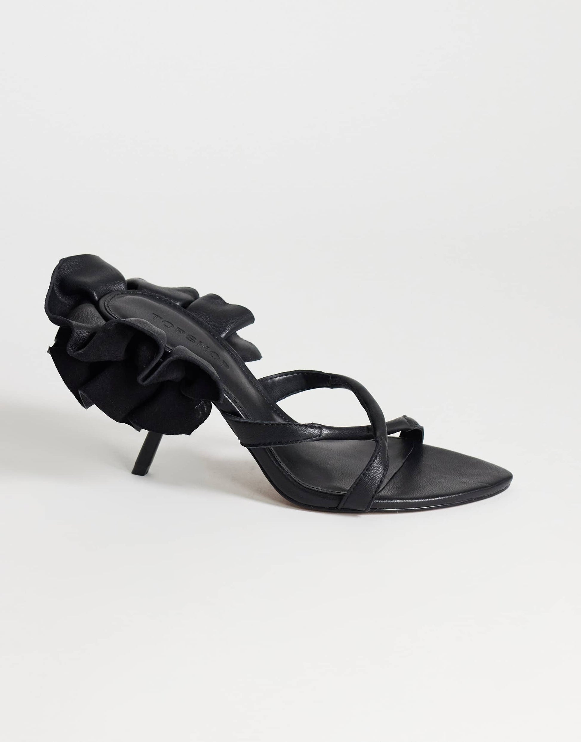 Topshop Ophelia real leather high heeled sandal with ruffle in black