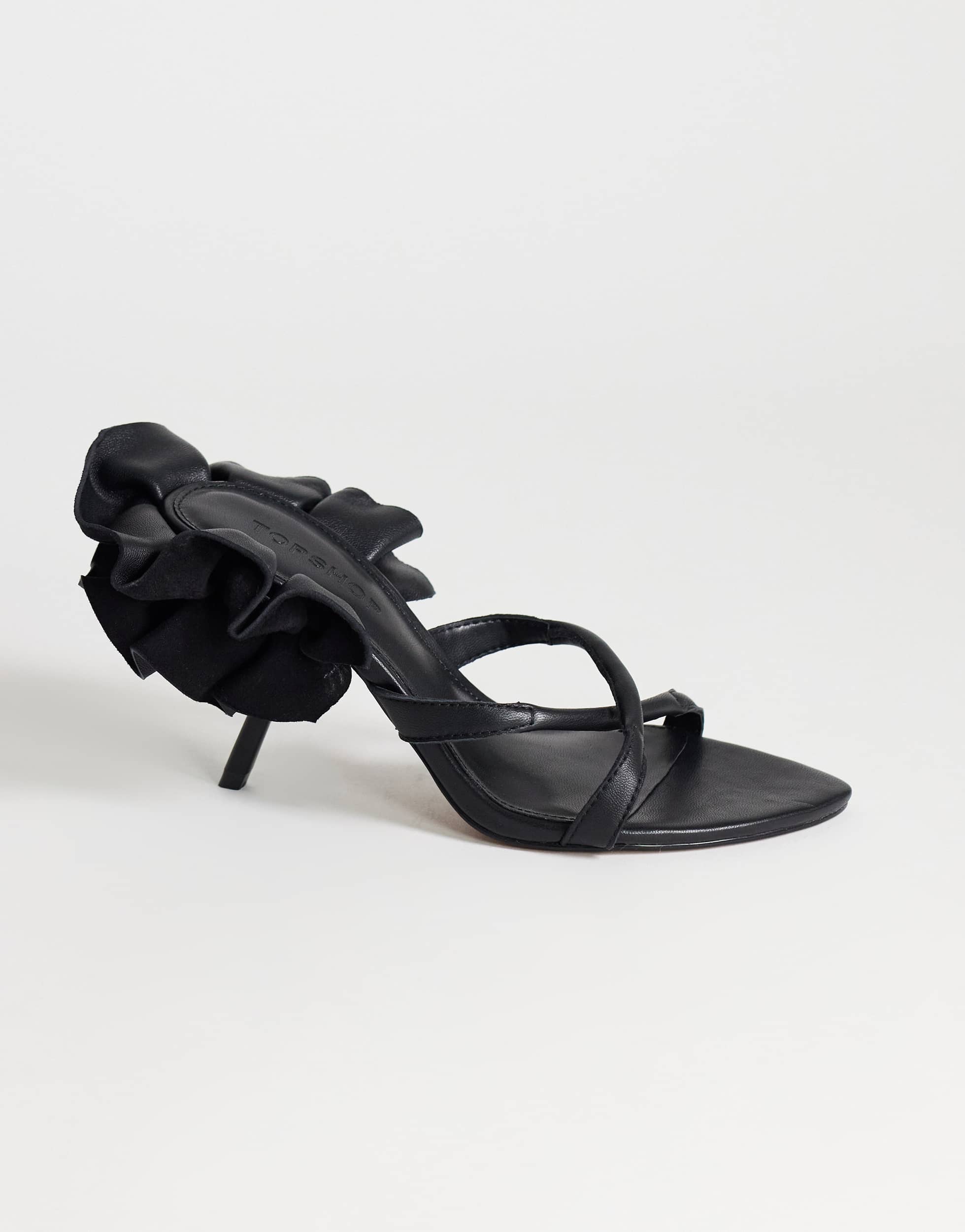 Topshop Ophelia real leather high heeled sandal with ruffle in black
