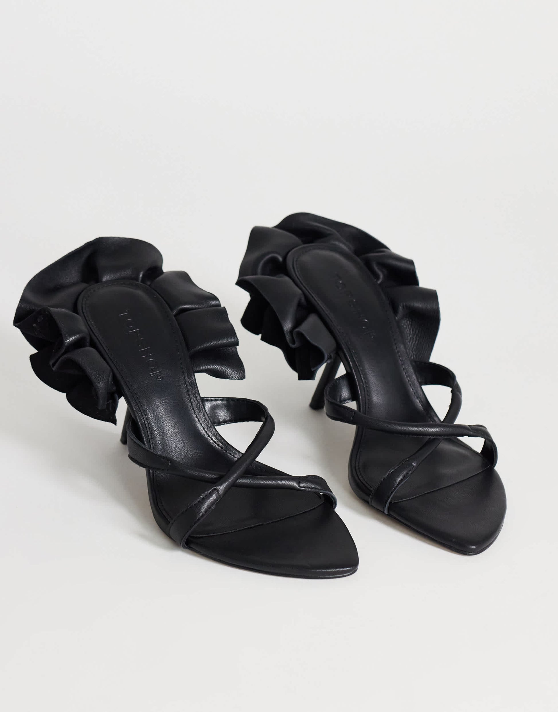 Topshop Ophelia real leather high heeled sandal with ruffle in black