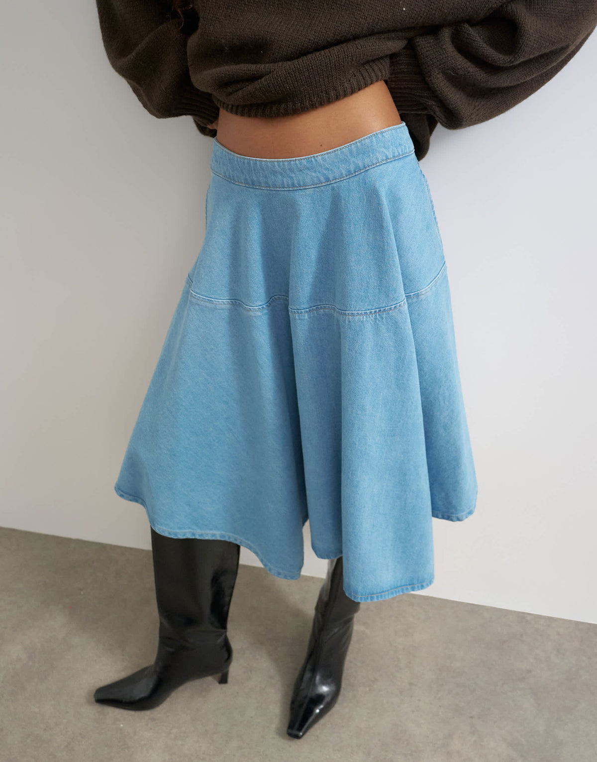 Topshop denim hanky hem midi skirt in bleach