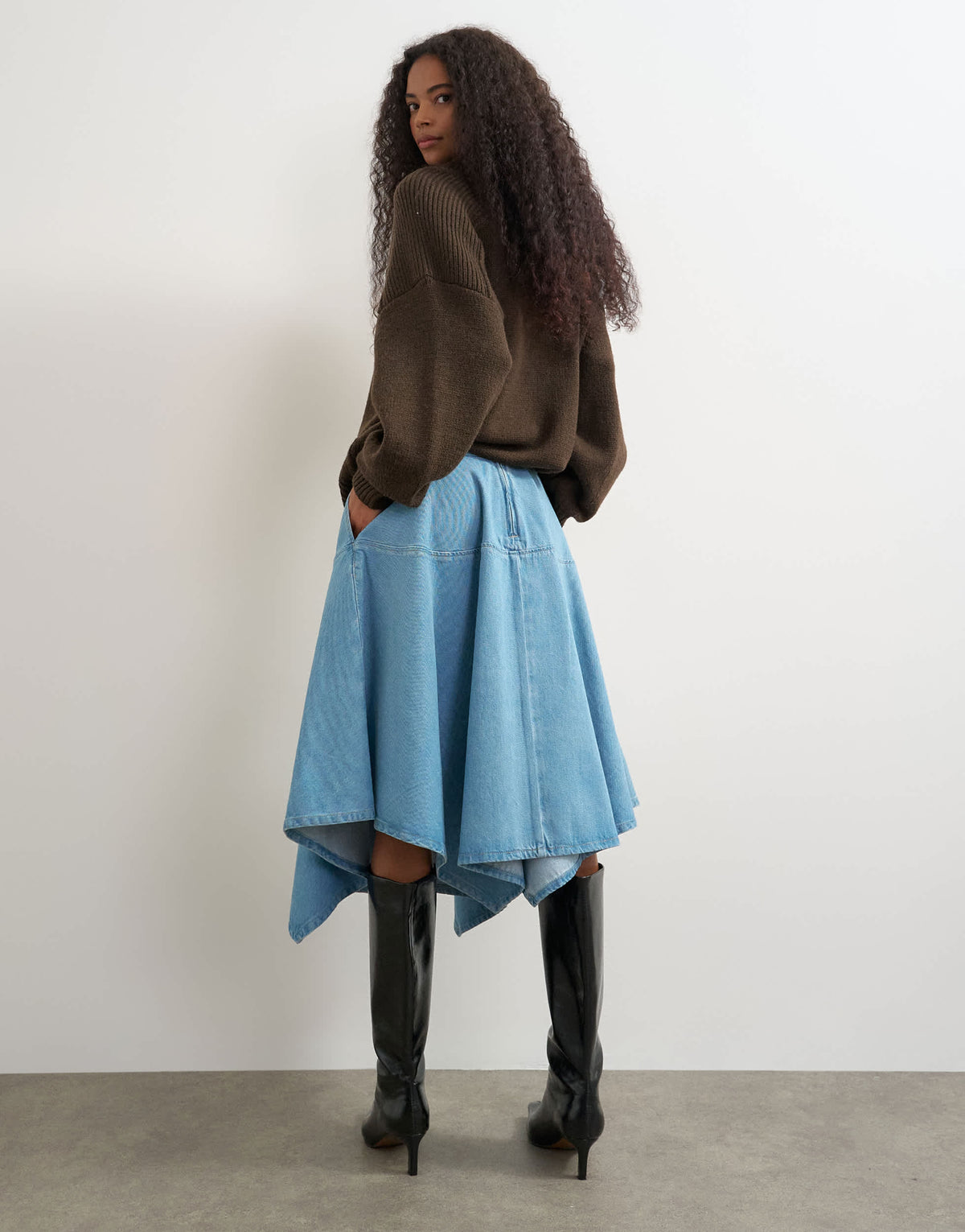 Topshop denim hanky hem midi skirt in bleach