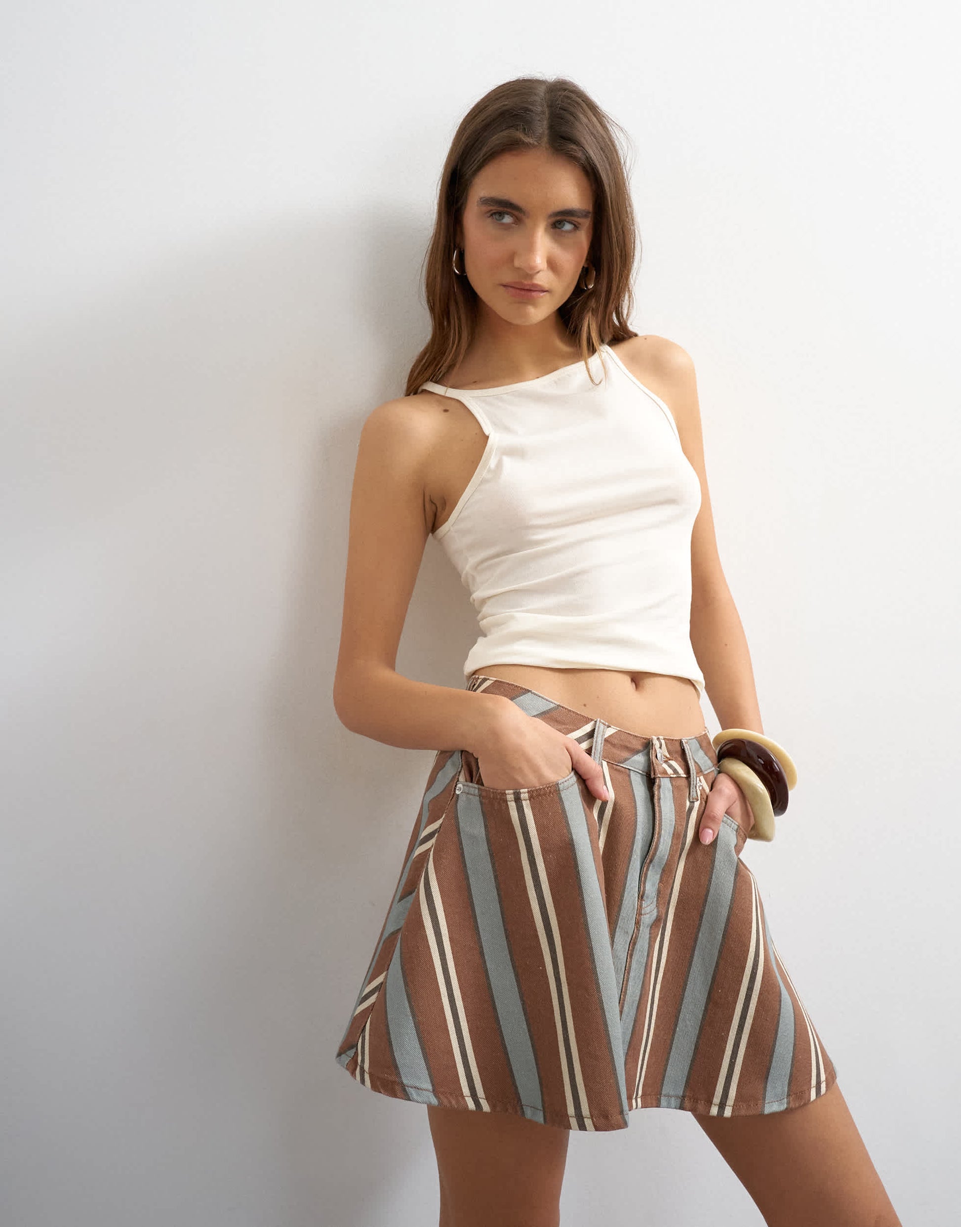 Topshop denim full pleated mini skirt in stripe