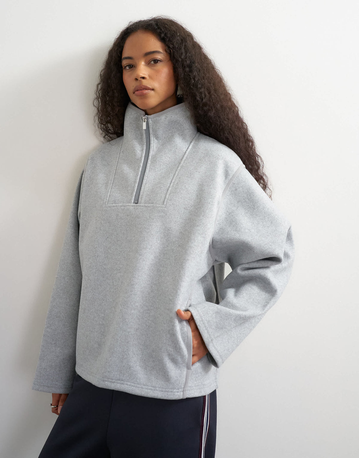 Topshop funnel neck quarter zip sweat in light grey