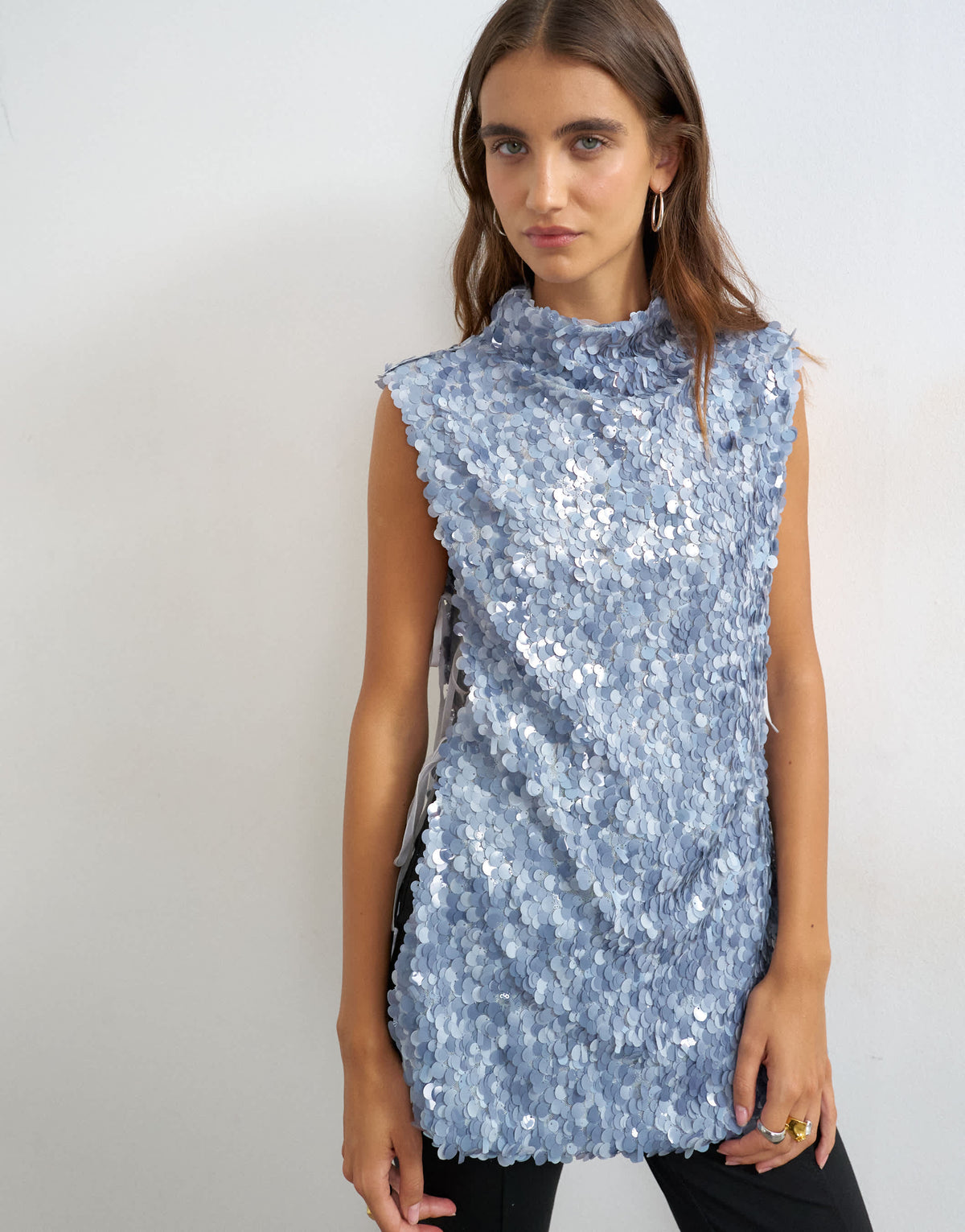 Topshop mixed sequin tie side tunic top in blue