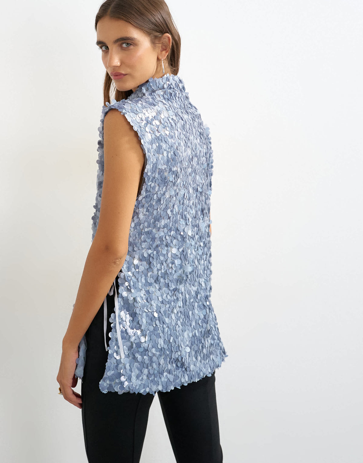 Topshop mixed sequin tie side tunic top in blue