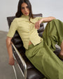 Topshop high neck ruffle button through half sleeve top in soft lime