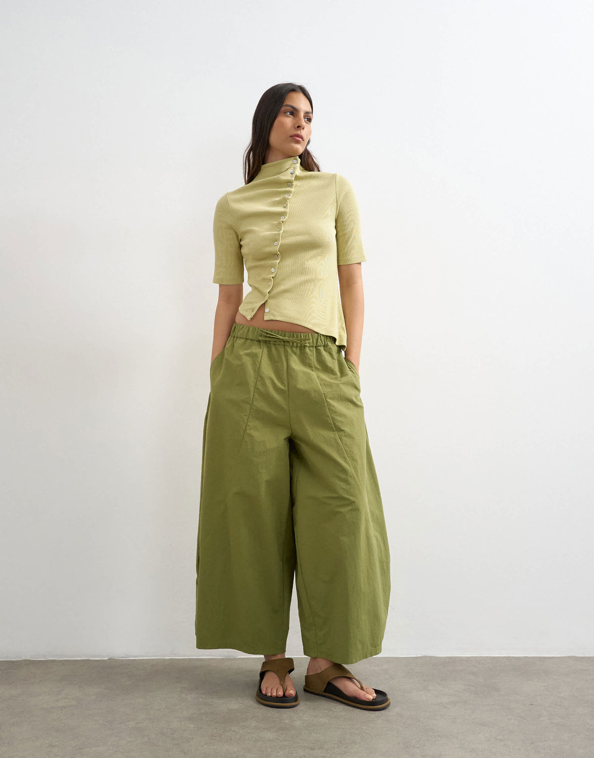 Topshop high neck ruffle button through half sleeve top in soft lime