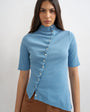 Topshop high neck ruffle button through half sleeve top in dusty blue