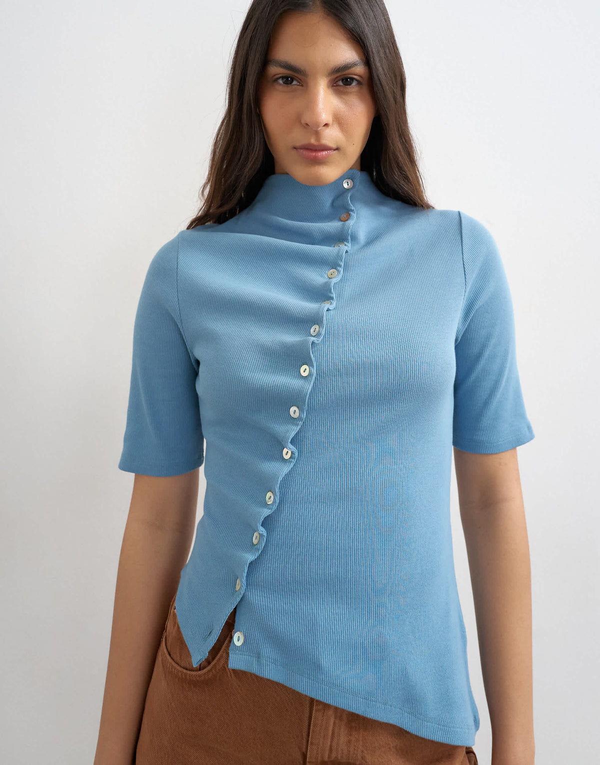 Topshop high neck ruffle button through half sleeve top in dusty blue