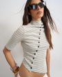 Topshop stripe high neck ruffle button through half sleeve top in neutral