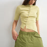 Topshop high neck ruffle button through half sleeve top in soft lime