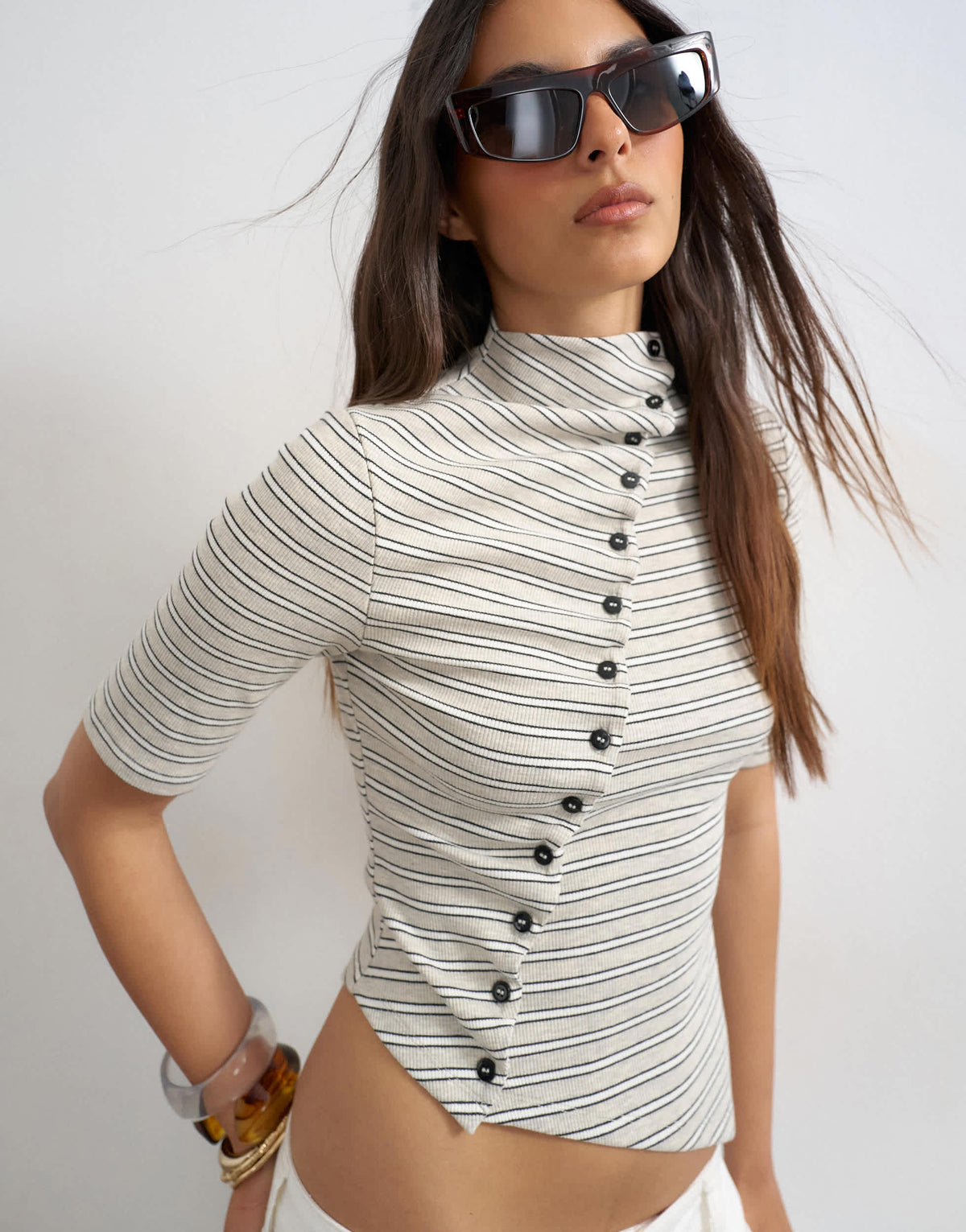 Topshop stripe high neck ruffle button through half sleeve top in neutral