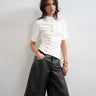 Topshop high neck ruffle button through half sleeve top in ecru