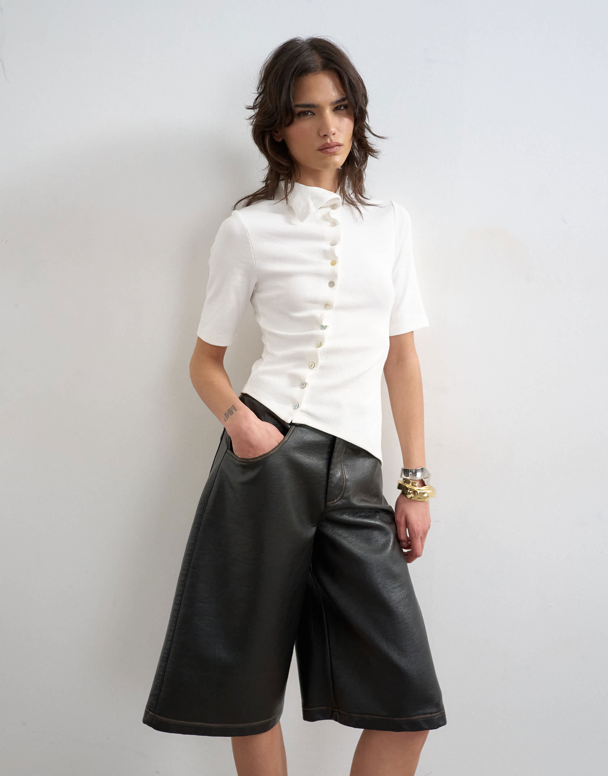 Topshop high neck ruffle button through half sleeve top in ecru