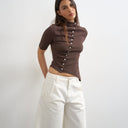 Topshop high neck ruffle button through half sleeve top in dark chocolate