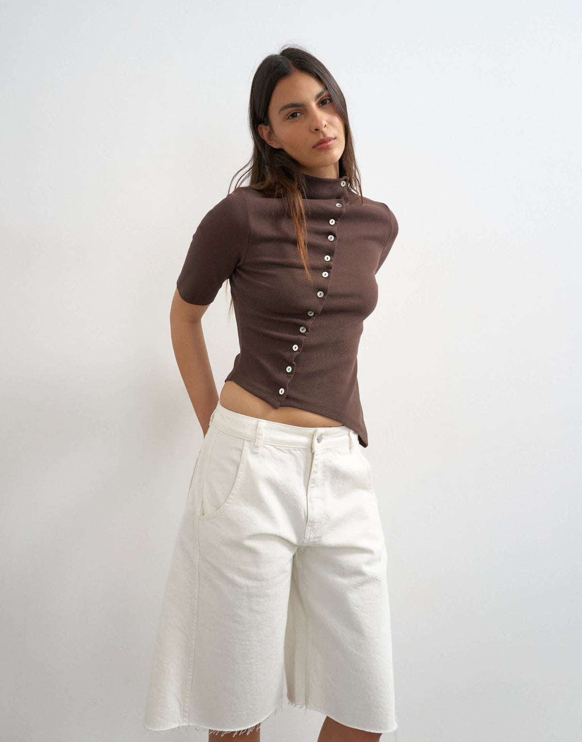 Topshop high neck ruffle button through half sleeve top in dark chocolate