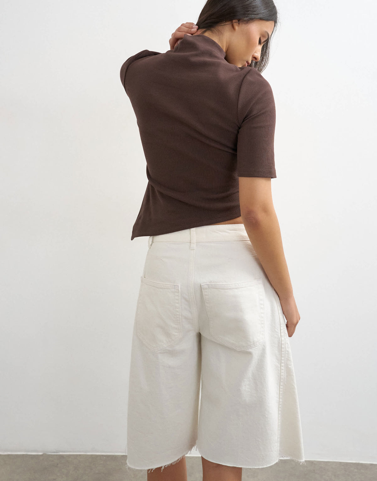 Topshop high neck ruffle button through half sleeve top in dark chocolate