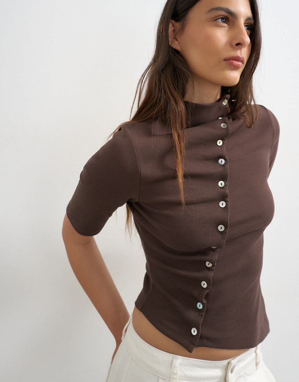 Topshop high neck ruffle button through half sleeve top in dark chocolate