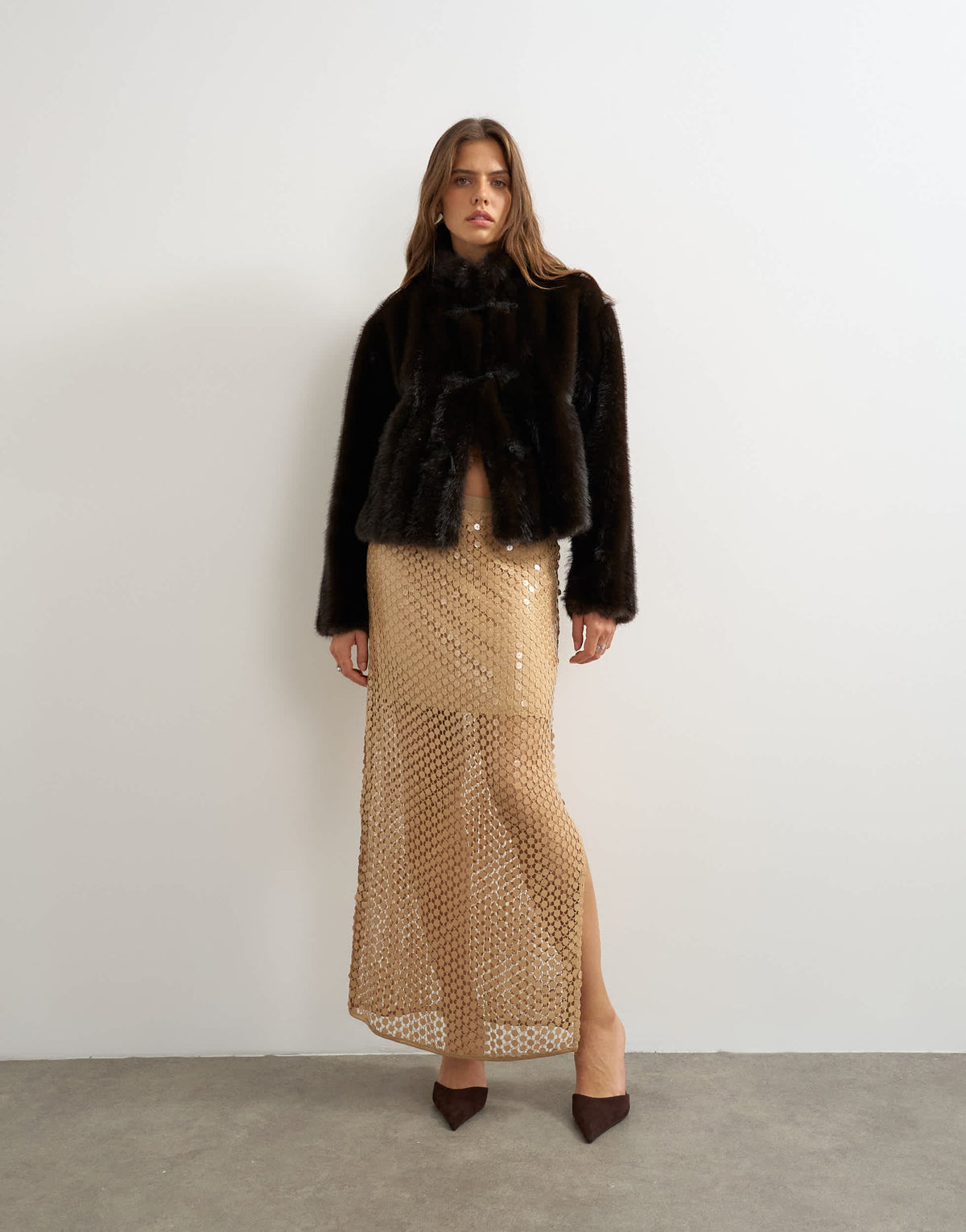 Topshop mesh sequin column maxi skirt in brown