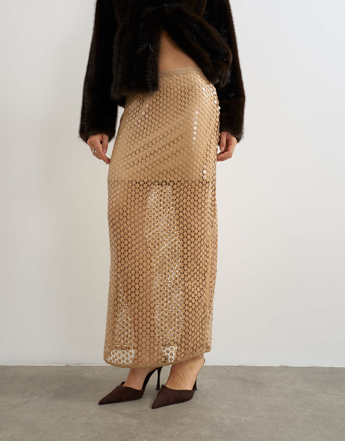 Topshop mesh sequin column maxi skirt in brown