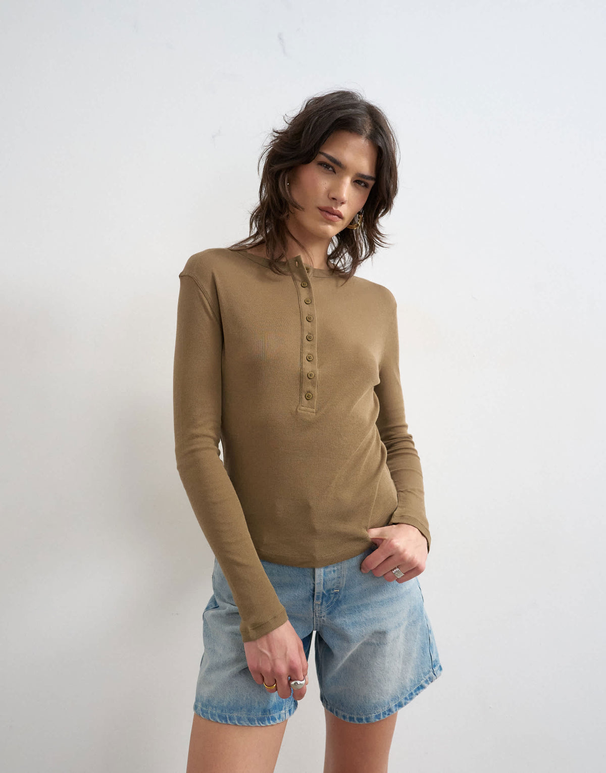 Topshop fitted long sleeve henley in khaki