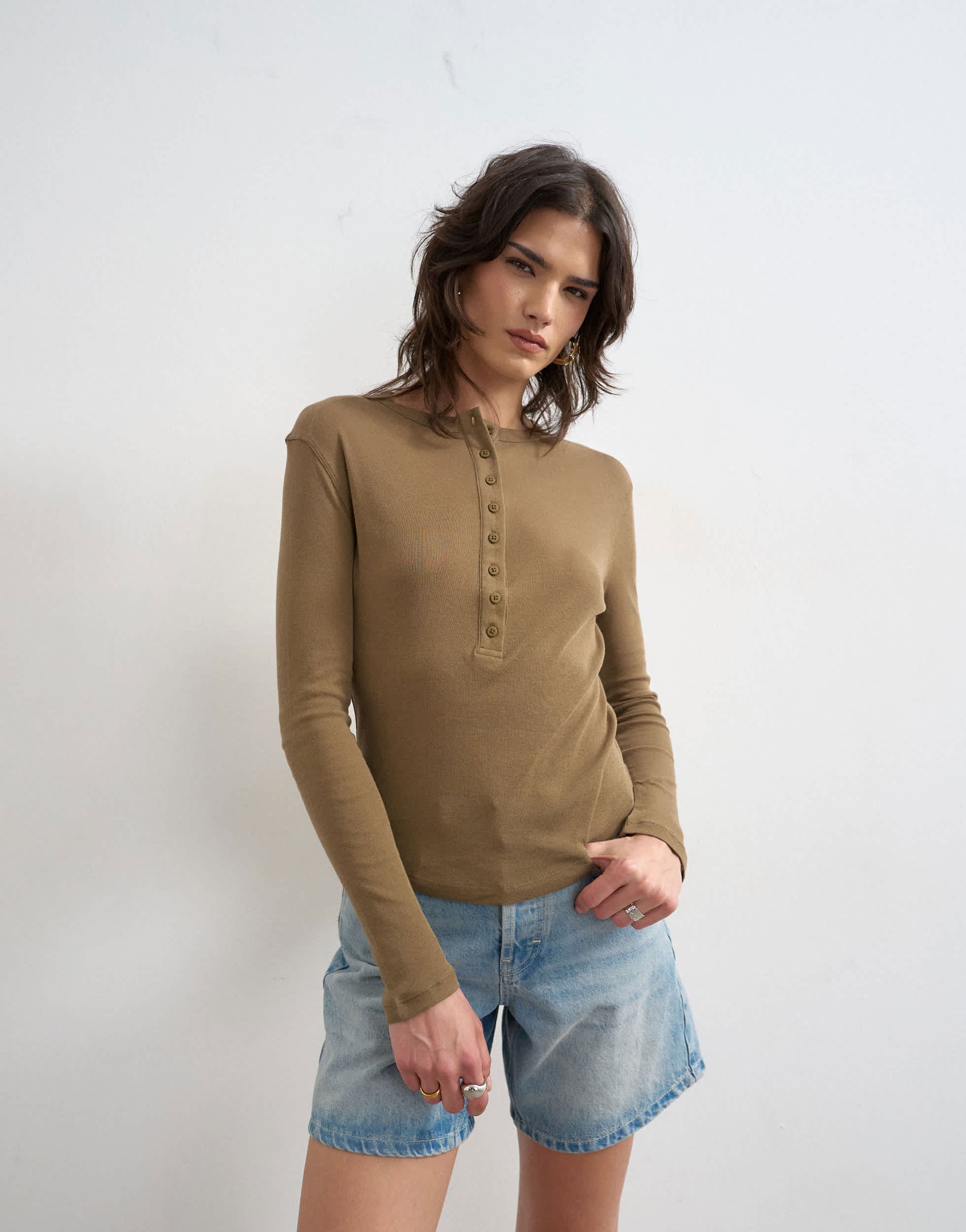 Topshop fitted long sleeve henley in khaki